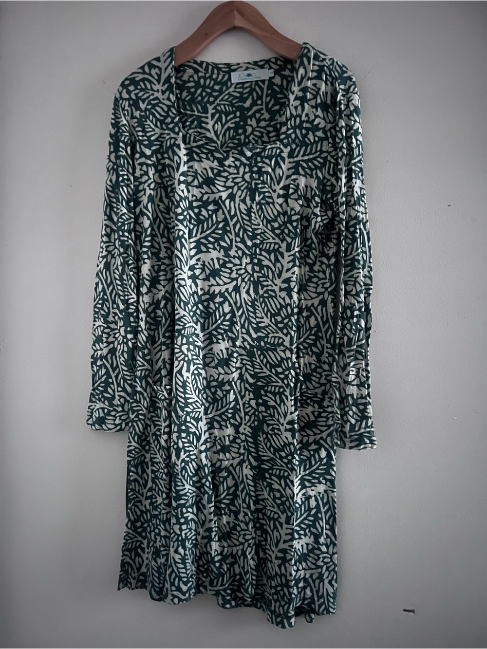 Y2K Green Leaf Print Women's Long Sleeve Dress w/ Pockets Sz XS